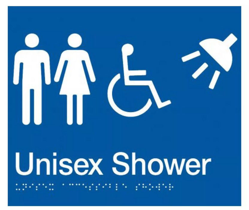 Braille Sign, Unisex Wheelchair Accessible Shower, 210 x 180mm, Blue/White PVC