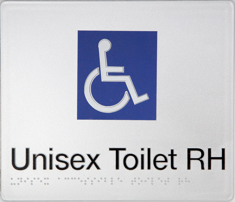 Braille Sign, Unisex Disabled Toilet Right Hand, 210 x 180mm, Silver/Black PVC