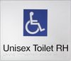 Braille Sign, Unisex Disabled Toilet Right Hand, 180 x 180mm, Silver/Black PVC