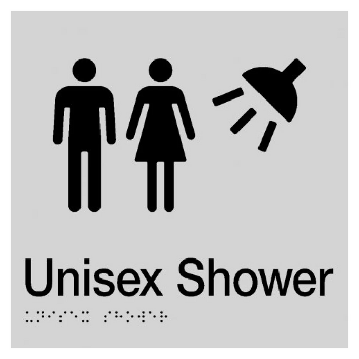 Braille Sign, Unisex Shower, 180 x 180mm, Silver/Black PVC