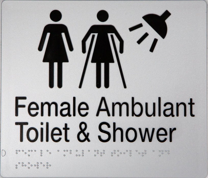 Braille Sign, Female Ambulant Toilet & Shower, 210 x 180mm, Silver/Black PVC