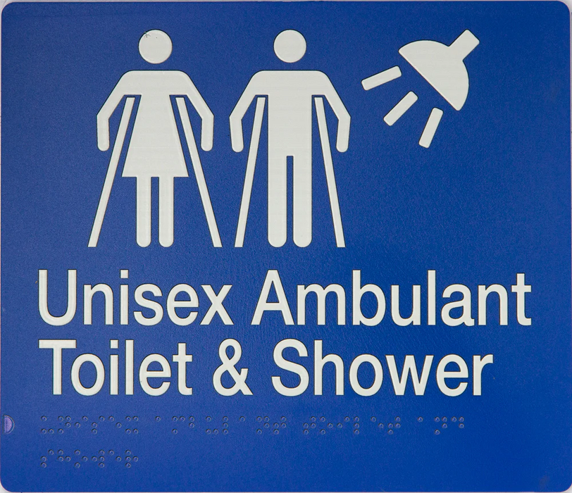 Braille Sign, Unisex Ambulant Toilet & Shower, 210 x 180mm, Blue/White PVC