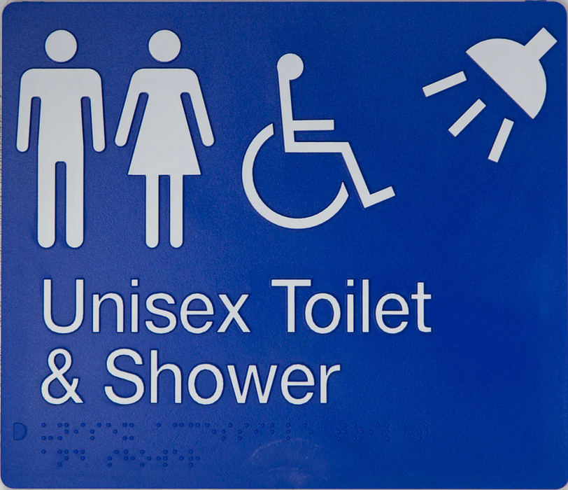 Braille Sign, Unisex Wheelchair Accessible Toilet & Shower, 210 x 180mm, Blue/White PVC