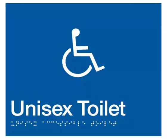 Braille Sign, Unisex Disabled Toilet, 210 x 180mm, Blue/White PVC