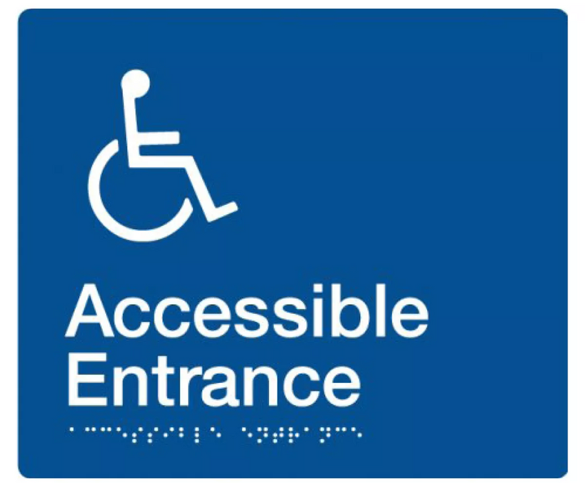 Braille Sign, Wheelchair Accessible Entrance, 210 x 180mm, Blue/White PVC