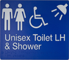 Braille Sign, Unisex Wheelchair Accessible Toilet & Shower Left Hand, 235 x 180mm, Blue/White PVC