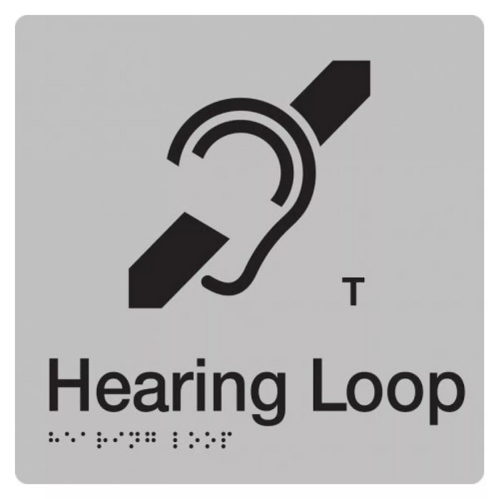 Braille Sign, Hearing Loop, 180 x 180mm, Silver/Black PVC