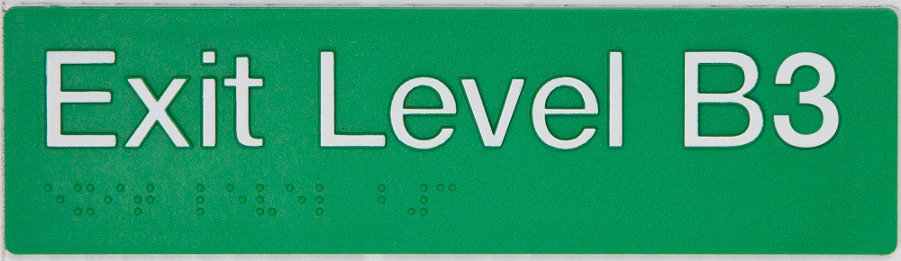 Braille Sign, Exit Level Basement 3, 180 x 50mm, Green/White PVC