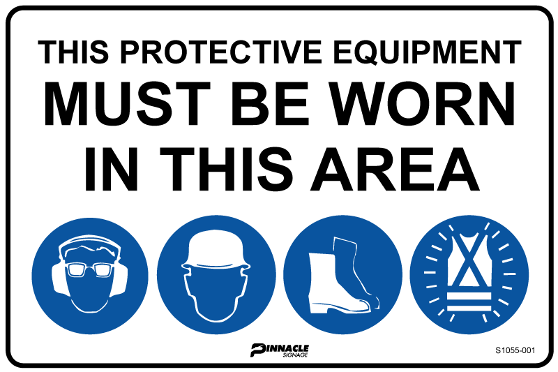 Combination Mandatory Sign, In This Area, Hearing/Eye, Hardhat, Footwear, Hi Vis