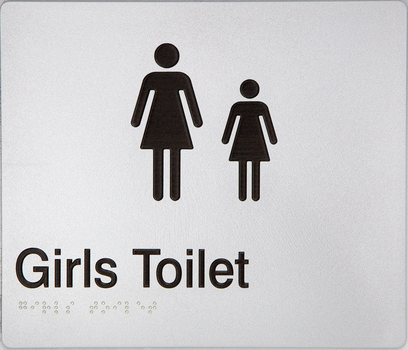 Braille Sign, Girls Toilet, 210 x 180mm, Silver/Black PVC