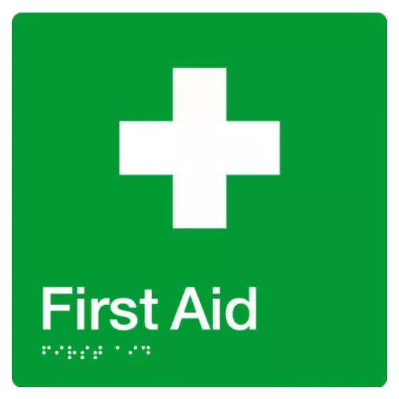 Braille Sign, First Aid, 180 x 180mm, Green/White PVC