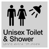 Braille Sign, Unisex Toilet & Shower, 210 x 180mm, Silver/Black PVC