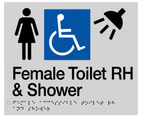 Braille Sign, Female Wheelchair Accessible Toilet & Shower Right Hand, 210 x 180mm, Silver/Black PVC