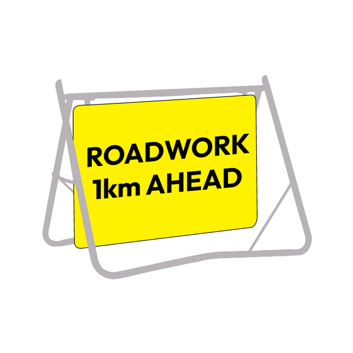 Roadwork 1km Ahead, 900 x 600mm Metal, Class 1 Reflective Swing Stand