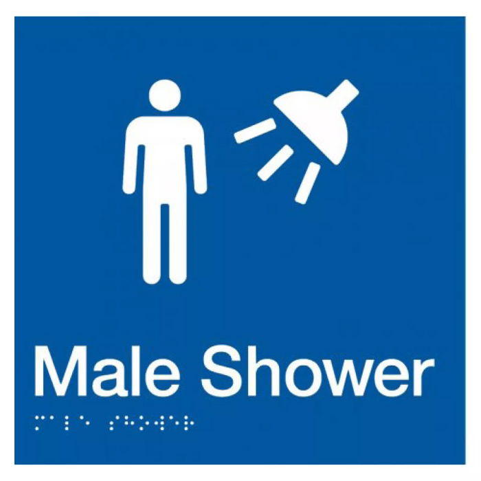 Braille Sign, Male Shower, 180 x 180mm, Blue/White PVC