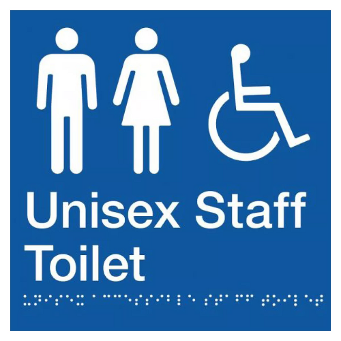 Braille Sign, Unisex Wheelchair Accessible Staff Toilet, 210 x 180mm, Blue/White PVC