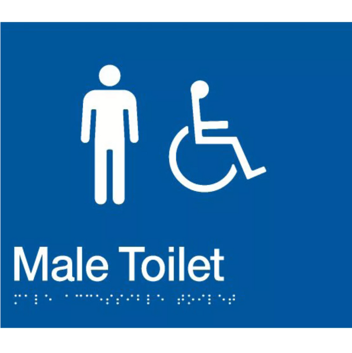 Braille Sign, Male Wheelchair Accessible Toilet, 210 x 180mm, Blue/White PVC