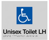 Braille Sign, Unisex Disabled Toilet Left Hand, 180 x 180mm, Silver/Black PVC