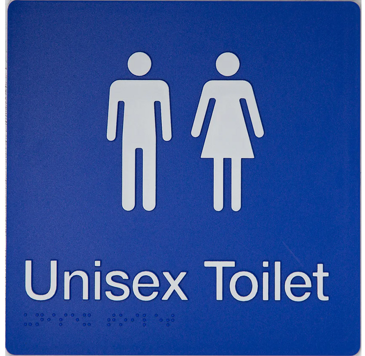 Braille Sign, Unisex Toilet, 180 x 180mm, Blue/White PVC