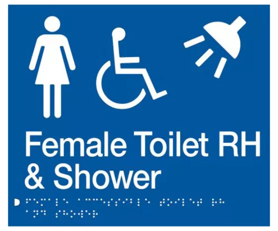 Braille Sign, Female Wheelchair Accessible Toilet & Shower Right Hand, 210 x 180mm, Blue/White PVC