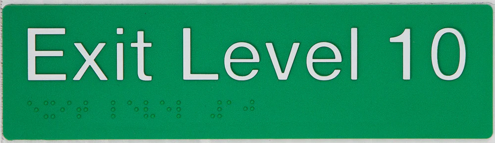 Braille Sign, Exit Level 10, 180 x 50mm, Green/White PVC