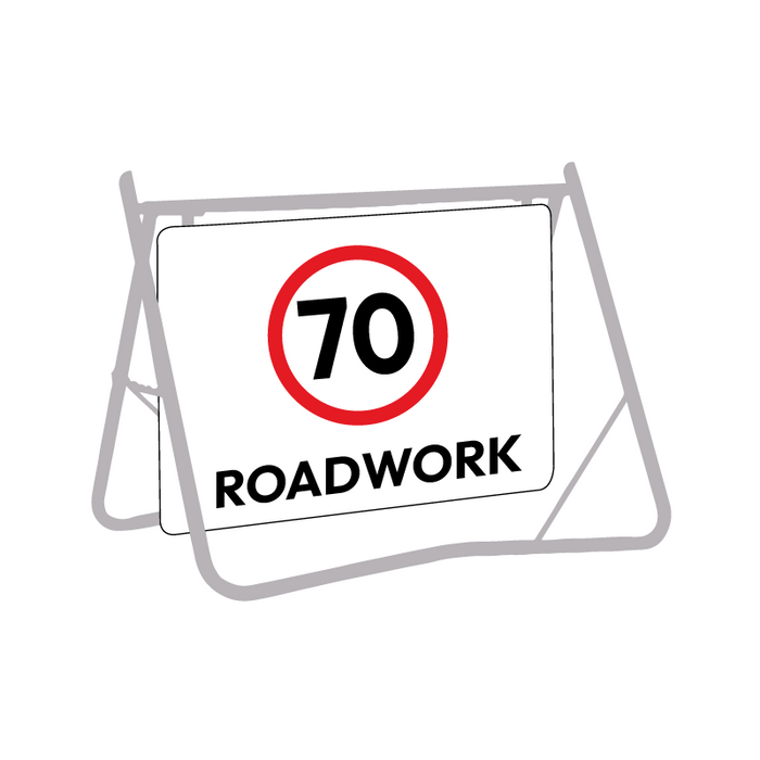 70 Roadwork (Speed Limit), 900 x 600mm Metal, Class 1 Reflective, Swing Stand