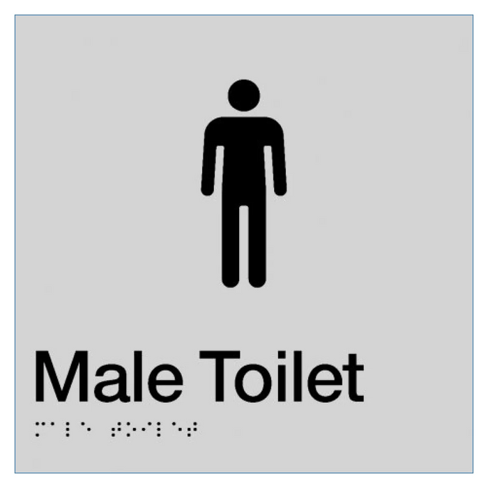 Braille Sign, Male Toilet, 180 x 180mm, Silver/Black PVC