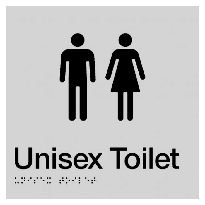 Braille Sign, Unisex Toilet, 180 x 180mm, Silver/Black PVC