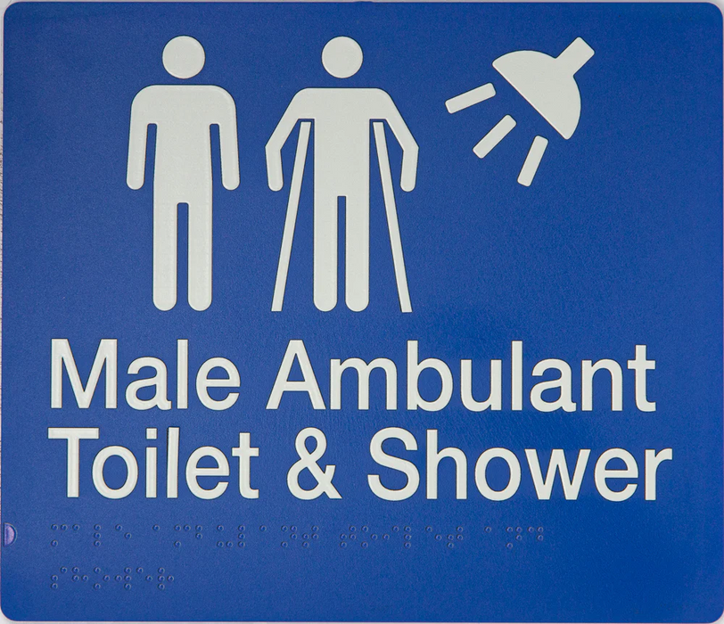 Braille Sign, Male Ambulant Toilet & Shower, 210 x 180mm, Blue/White PVC