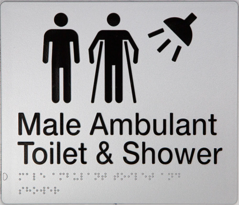 Braille Sign, Male Ambulant Toilet & Shower, 210 x 180mm, Silver/Black PVC