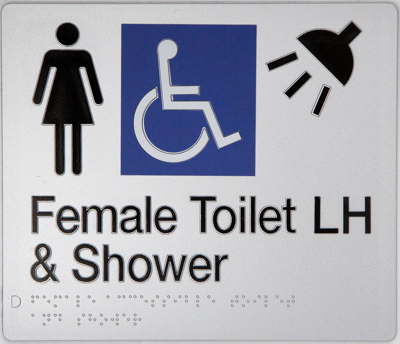 Braille Sign, Female Wheelchair Accessible Toilet & Shower Left Hand, 210 x 180mm, Silver/Black PVC