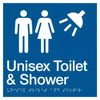 Braille Sign, Unisex Toilet & Shower, 210 x 180mm, Blue/White PVC