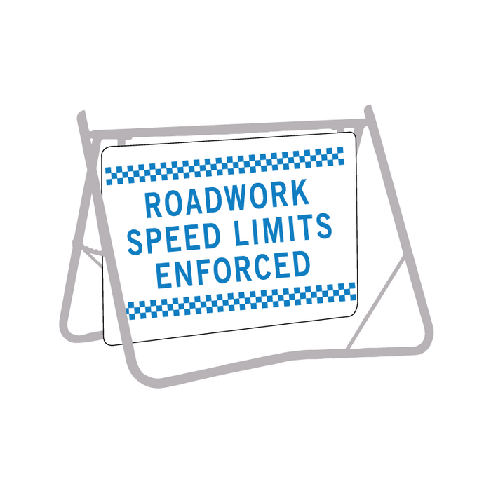 Roadwork Speed Limits Enforced, 900 x 600mm Metal, Class 1 Reflective, Swing Stand