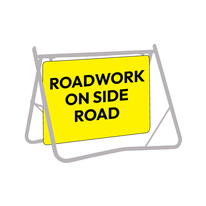 Roadwork On Side Road, 900 x 600mm Metal, Class 1 Reflective, Swing Stand