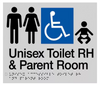 Braille Sign, Unisex Wheelchair Accessible Toilet RH & Parent Room, 235 x 180mm, Silver/Black PVC