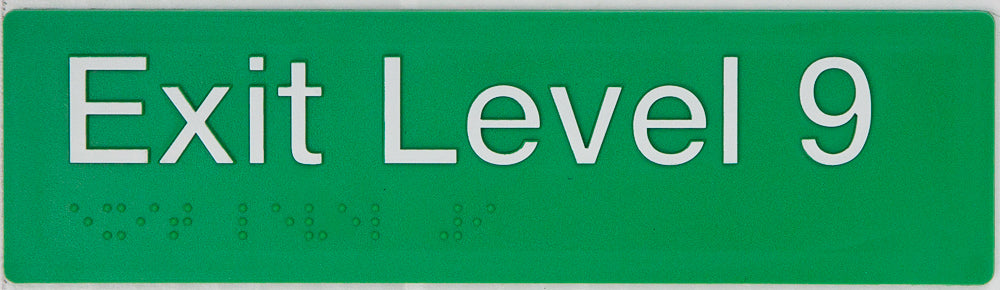 Braille Sign, Exit Level 9, 180 x 50mm, Green/White PVC