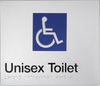 Braille Sign, Unisex Disabled Toilet, 180 x 180mm, Silver/Black PVC